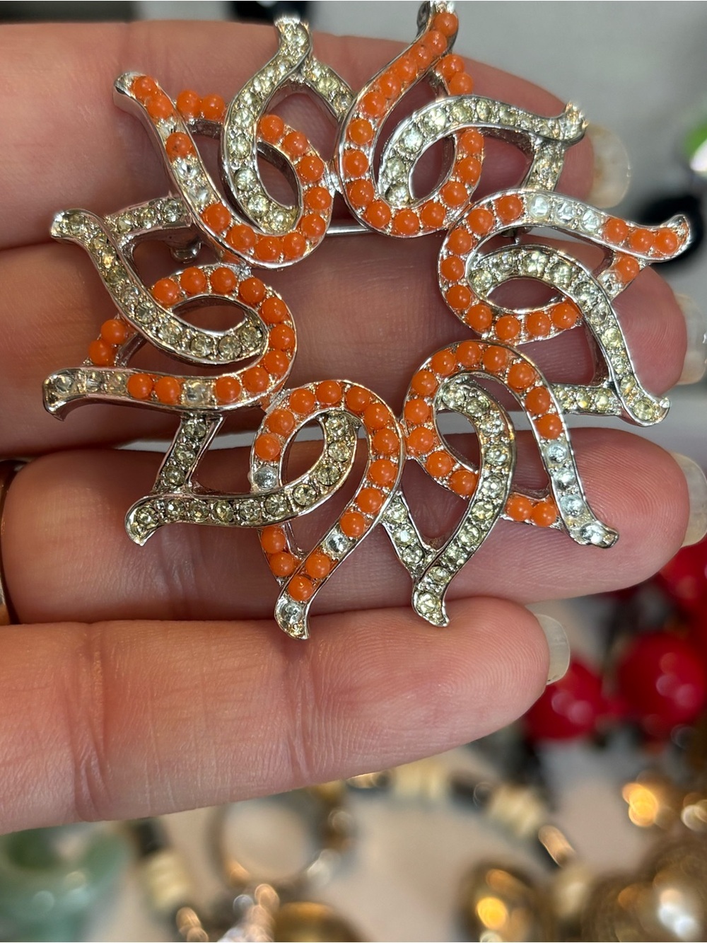 Vintage Kramer Orange Clear Rhinestone Swirl Brooch For Repair